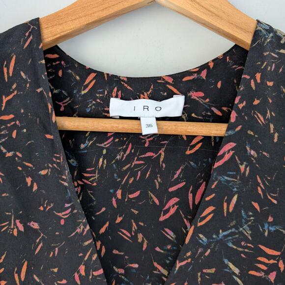 IRO Paris Jicka Ruffled Printed 100 % Silk Crepe Mini Dress, Black, size 36/4 - Picture 3 of 6